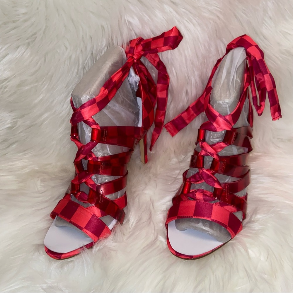 CHECKERED ANKLE WRAP LACE-UP HEELS 👠 GIANNI BINI  🌹